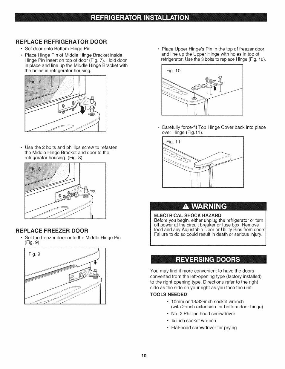 Replace freezer door, Electrical shock hazard, Reversing doors | A warning, Refrigerator installation | Kenmore 795.7937 User Manual | Page 10 / 32