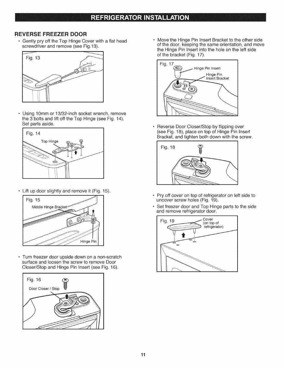 Reverse freezer door, Refrigerator installation | Kenmore 795.7937 User Manual | Page 11 / 32