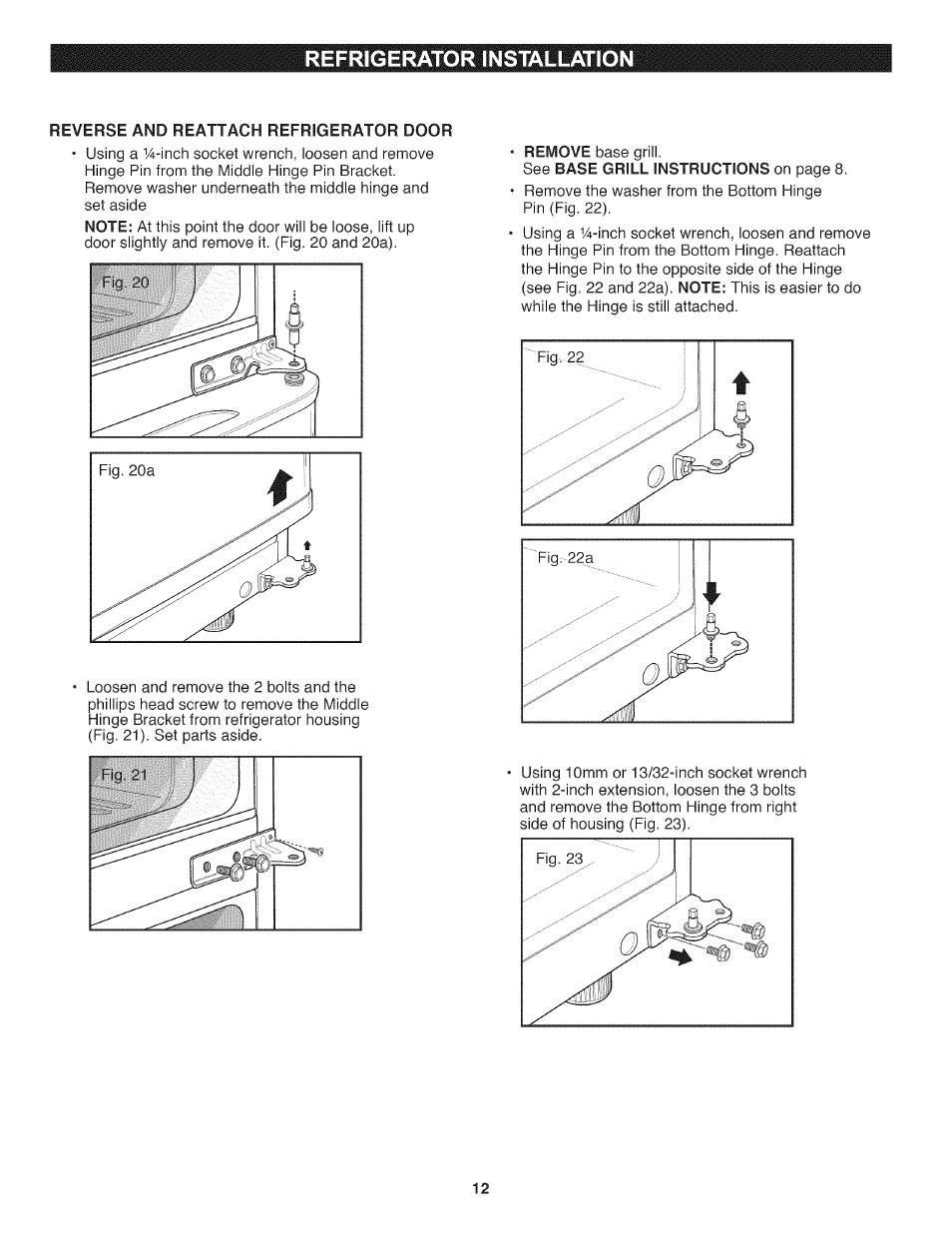 Refrigerator installation | Kenmore 795.7937 User Manual | Page 12 / 32