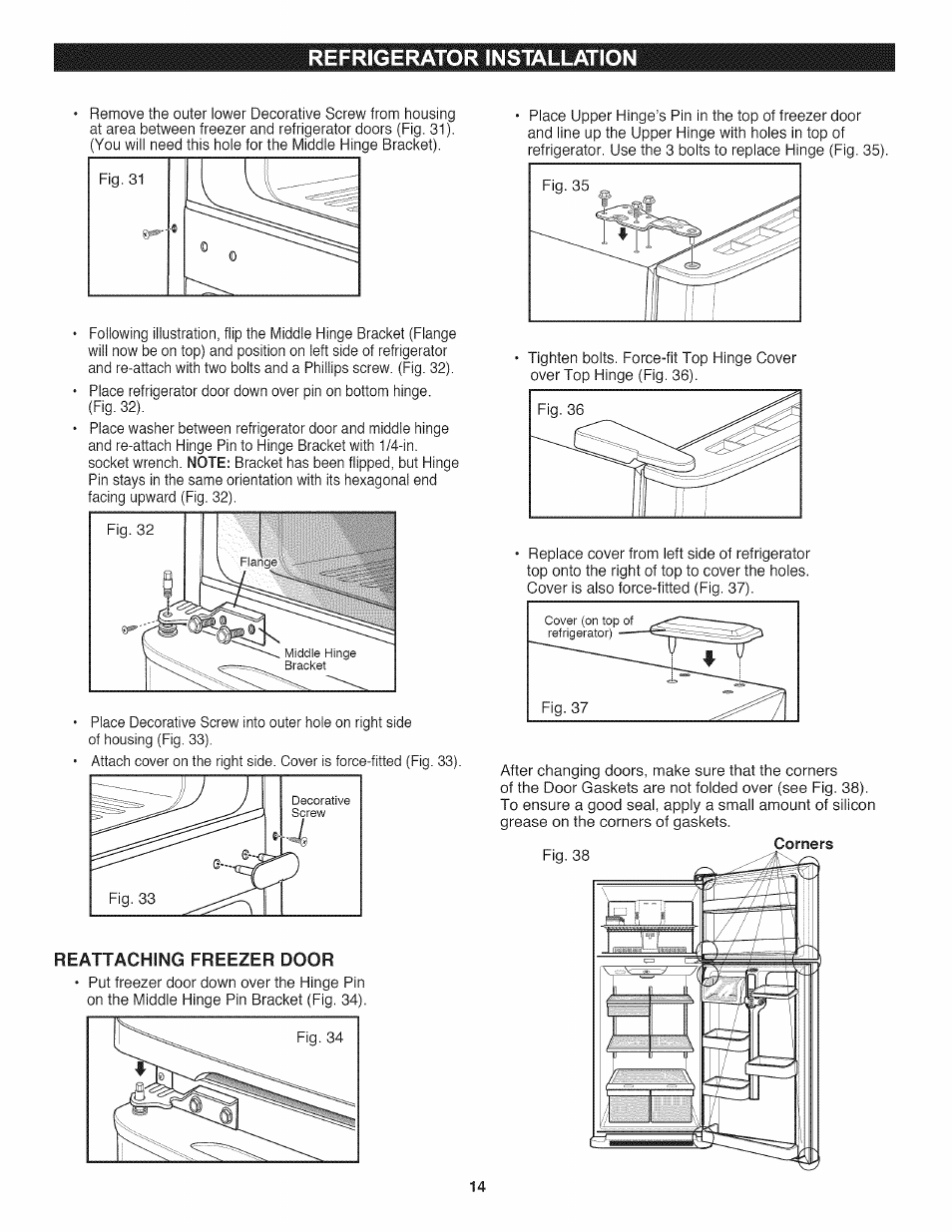 Refrigerator installation | Kenmore 795.7937 User Manual | Page 14 / 32