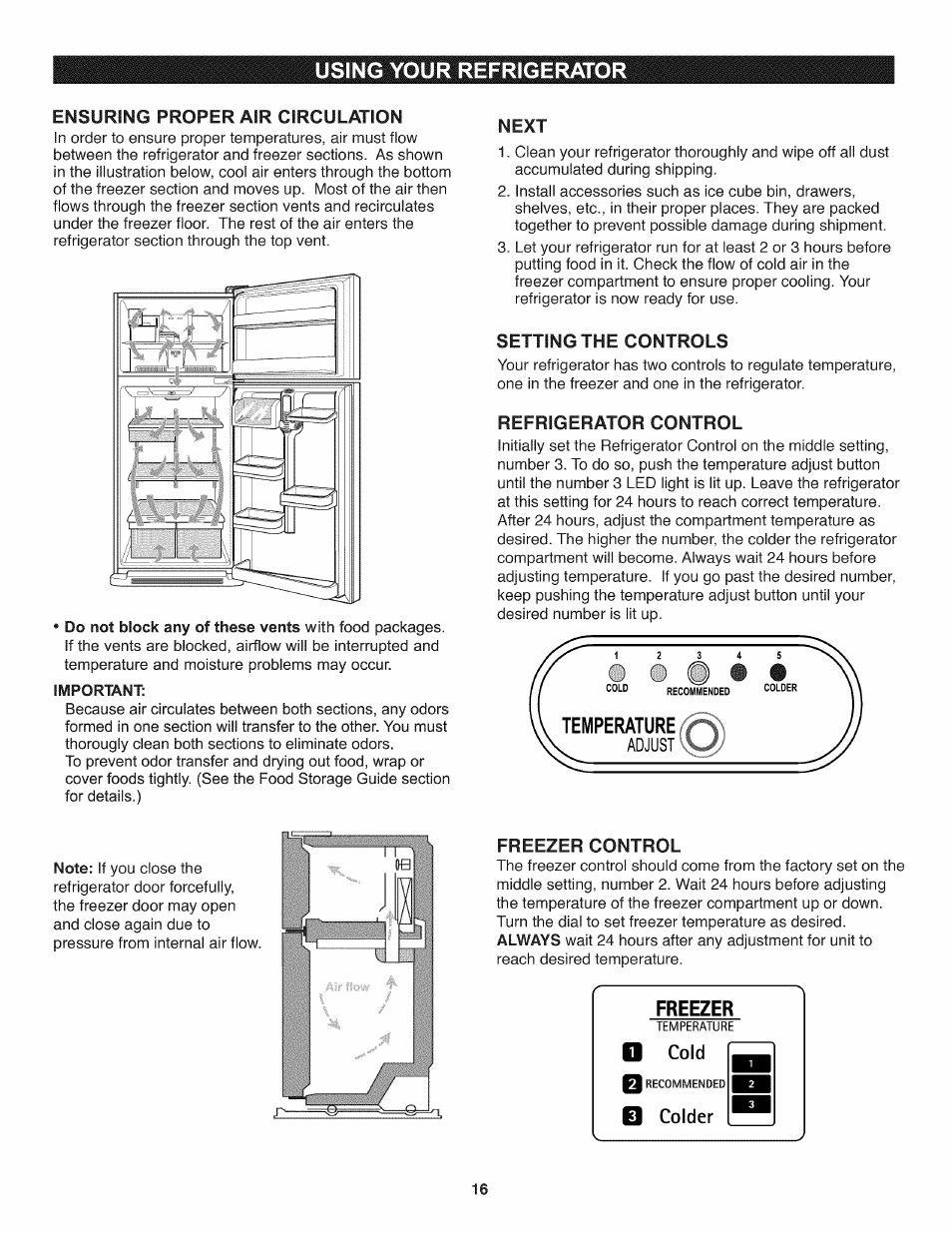 Ensuring proper air circulation, Important, Next | Setting the controls, Refrigerator control, Using your refrigerator, Freezer | Kenmore 795.7937 User Manual | Page 16 / 32