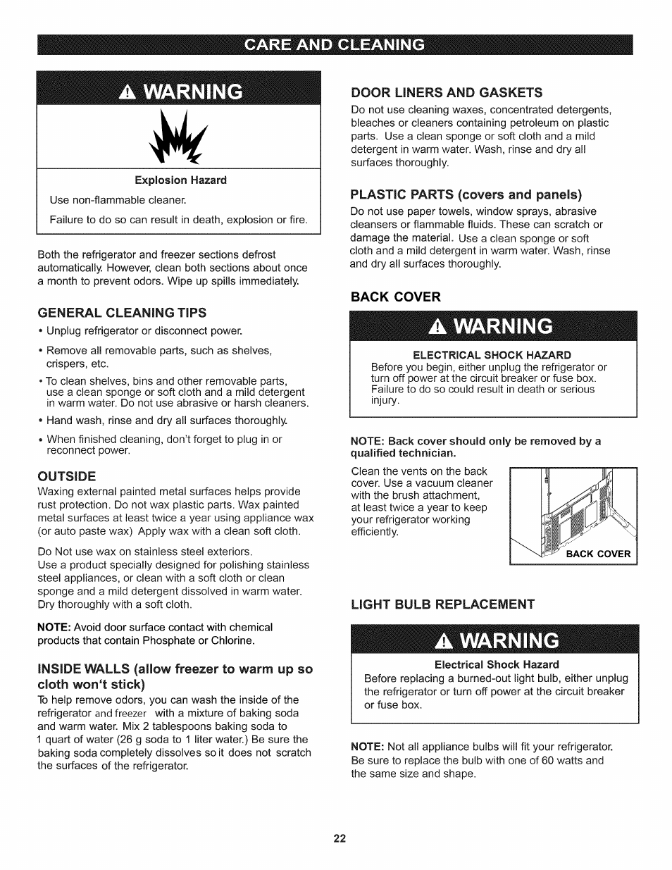 General cleaning tips, Outside, Door liners and gaskets | Plastic parts (covers and panels), Back cover, Electrical shock hazard, Light bulb replacement, A warning w, A warning, Care and cleaning | Kenmore 795.7937 User Manual | Page 22 / 32