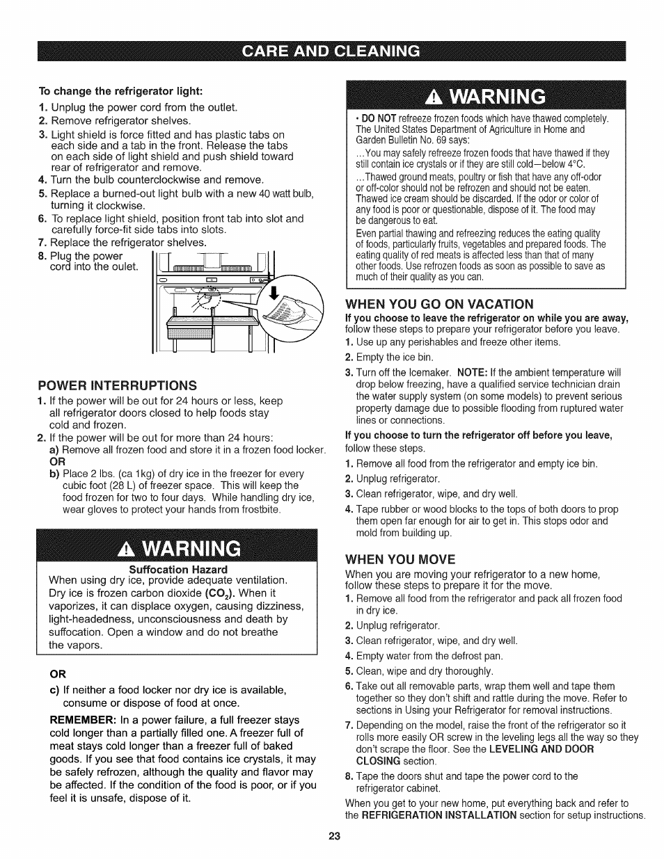 Power interruptions, When you go on vacation, When you move | A warning, Care and cleaning | Kenmore 795.7937 User Manual | Page 23 / 32