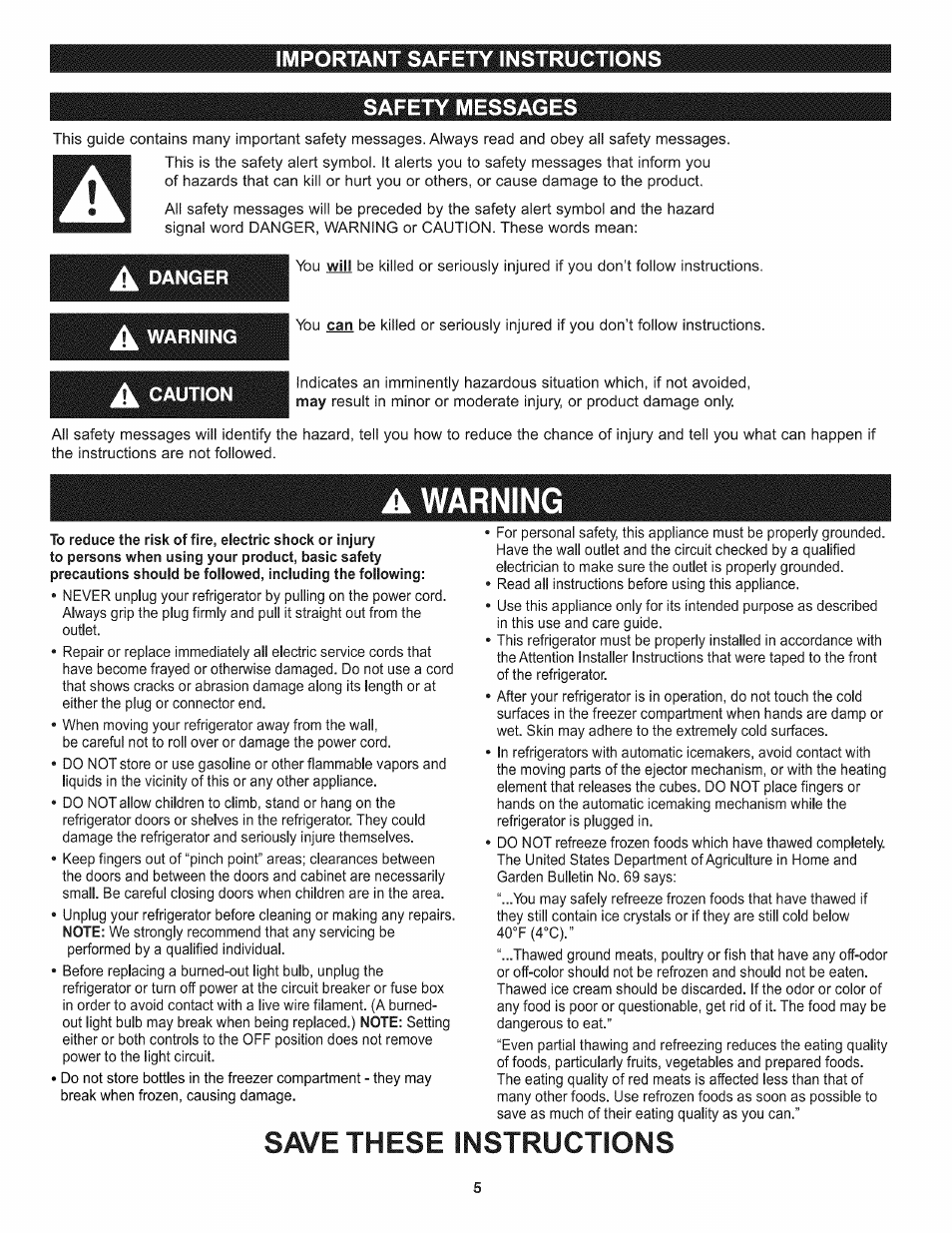 Safety messages, Save these instructions, Warning | Important safety instructions | Kenmore 795.7937 User Manual | Page 5 / 32