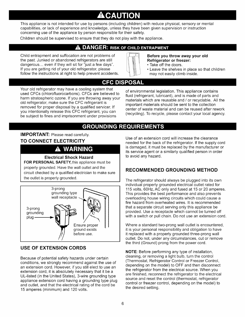 Acaution, Cfg disposal, Grounding requirements | Use of extension cords, Recommended grounding method, Caution, A warning, Danger | Kenmore 795.7937 User Manual | Page 6 / 32