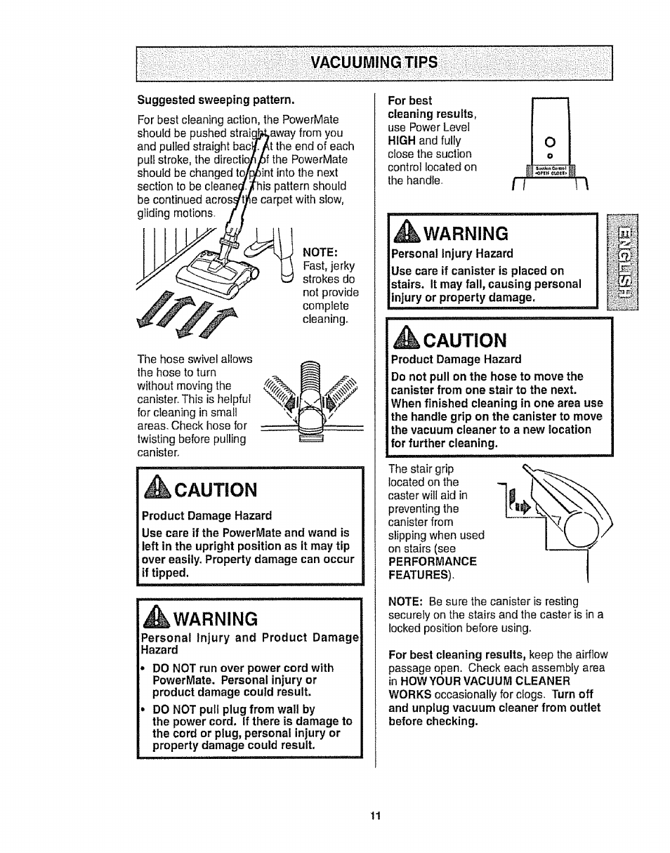 Vacuur/iingtips, A caution, Warning | Caution, Vacuuming tips | Kenmore 116.28014 User Manual | Page 11 / 48