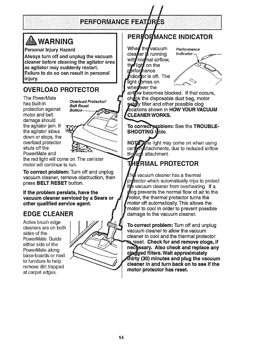 Pertohmance indicator, Warning, Overload protector | Kenmore 116.28014 User Manual | Page 14 / 48