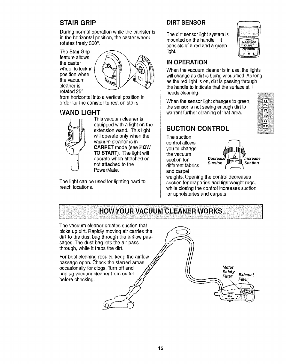 Stair grip, Wand light, How your vacuum cleaner works | Kenmore 116.28014 User Manual | Page 15 / 48