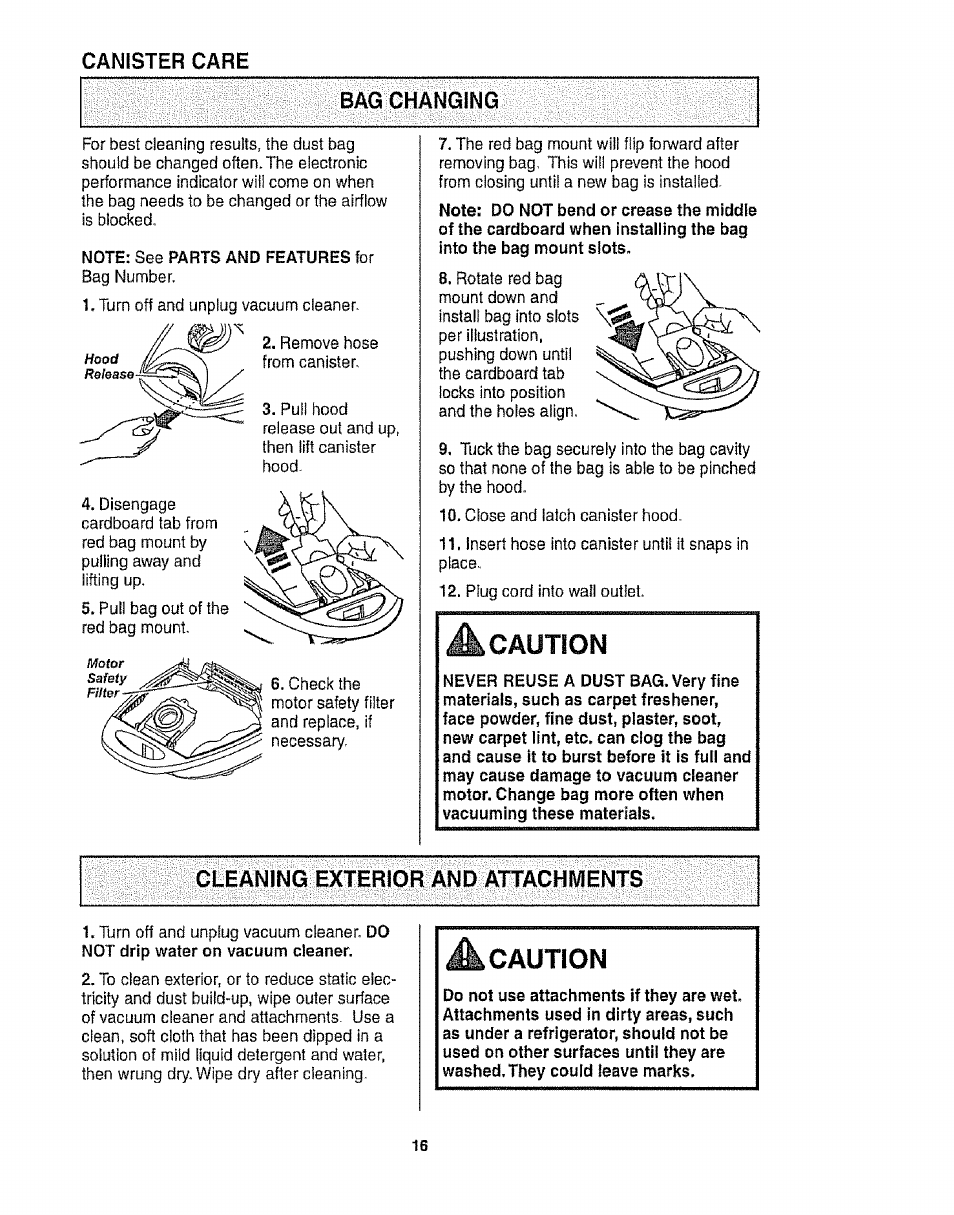 Canister care, Bag changing, Note: see parts and peatures for | Cleaning exterior and attachments, Caution, Canister care bag changing | Kenmore 116.28014 User Manual | Page 16 / 48