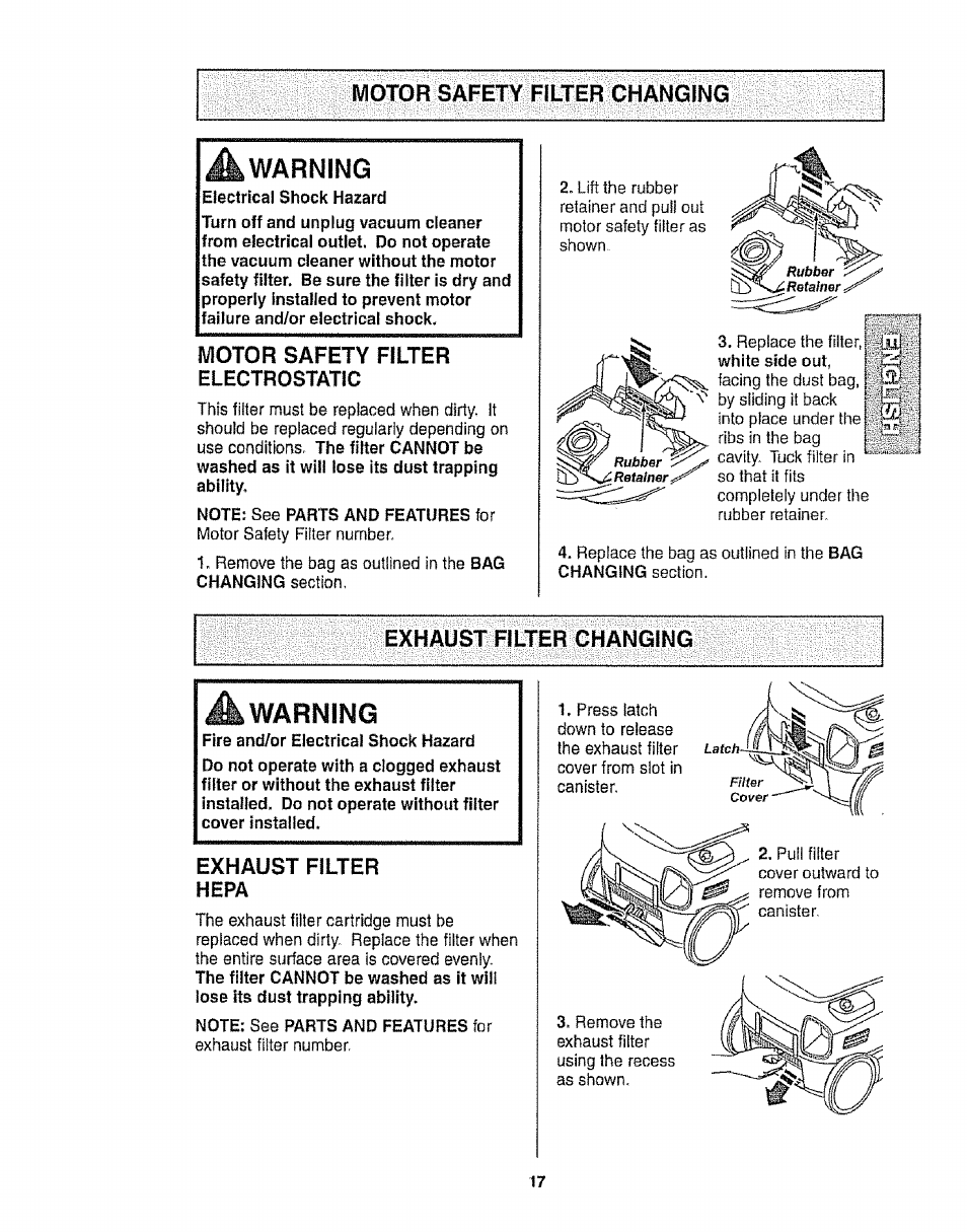 Motor safety filter changing, A warning, Motor safety filter electrostatic | Note: see parts and features for, Exhaust filter changing, Exhaust filter hepa, Exhaust fitter changing, Warning | Kenmore 116.28014 User Manual | Page 17 / 48