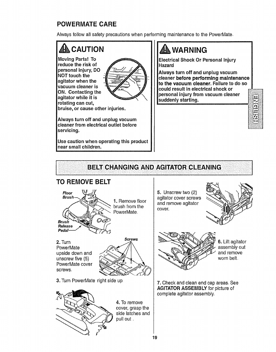 Powerwiate care, Caution, Warning | Belt changing and agitator cleaning, To remove belt | Kenmore 116.28014 User Manual | Page 19 / 48