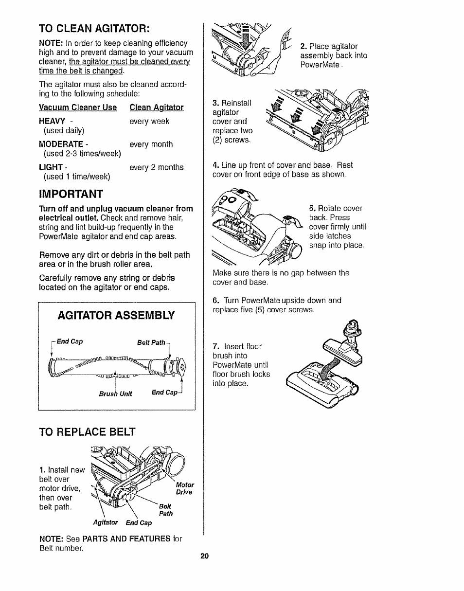 To clean agitator, Important, To replace belt | Kenmore 116.28014 User Manual | Page 20 / 48