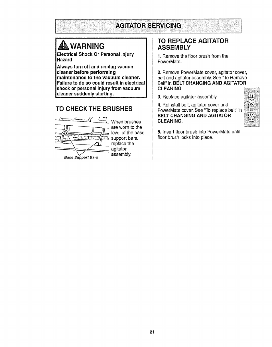 Agitator servicing, To replace agitator assembly, Warning | Kenmore 116.28014 User Manual | Page 21 / 48