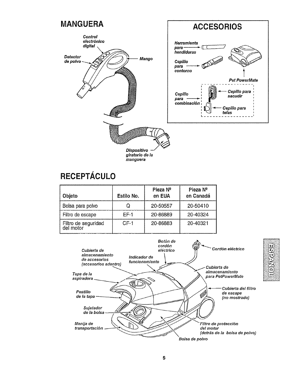 Manguera, Receptaculo, Accesorios | Kenmore 116.28014 User Manual | Page 29 / 48