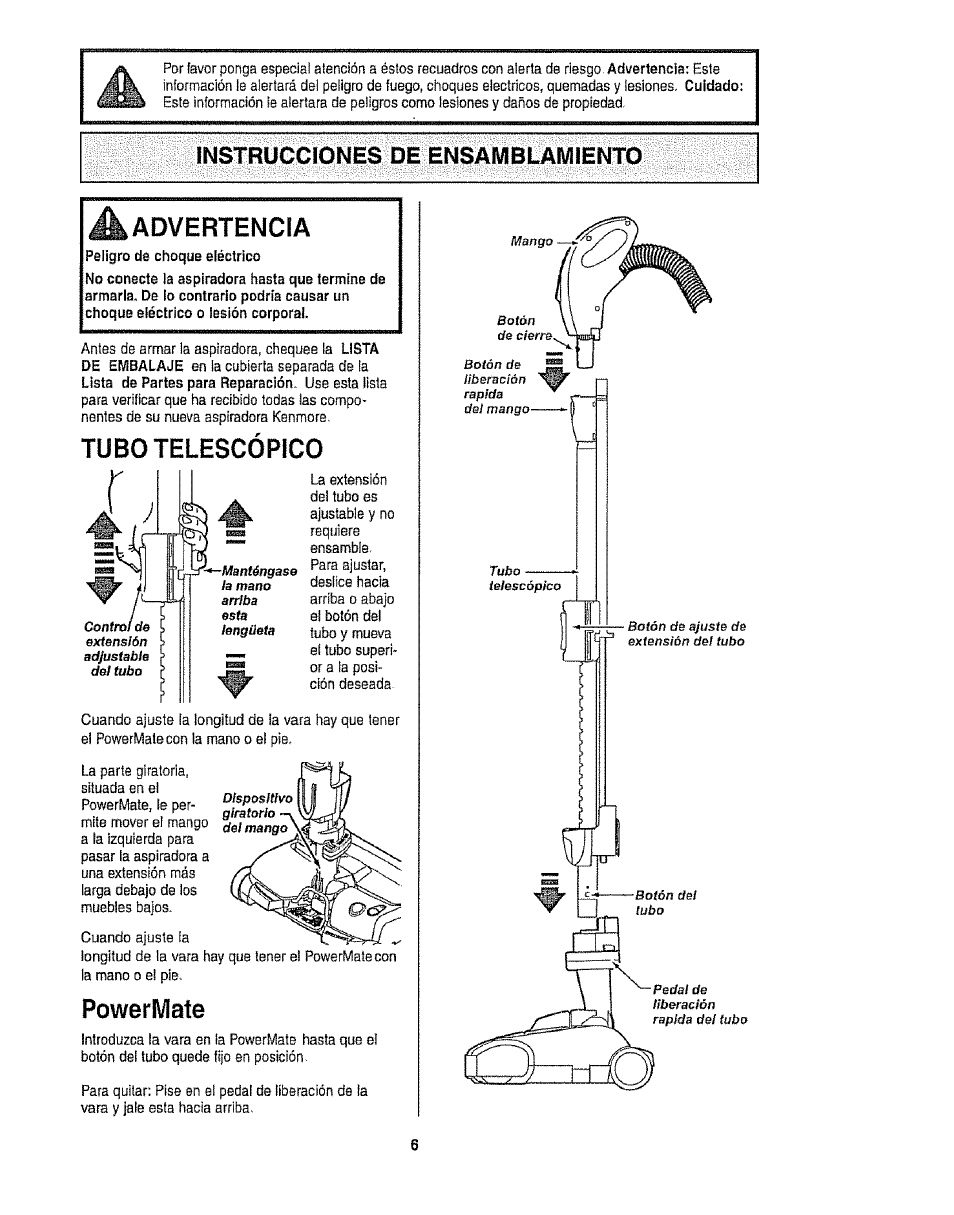 Instrucciones de ensamblamiento, Advertencia, Tubo telescópico | Powerwlate | Kenmore 116.28014 User Manual | Page 30 / 48