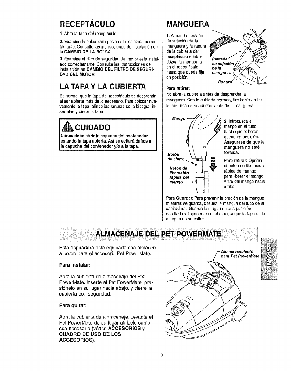 Receptaculo, C# u i, Manguera | Almacenaje del pet powermate, Cuidado | Kenmore 116.28014 User Manual | Page 31 / 48