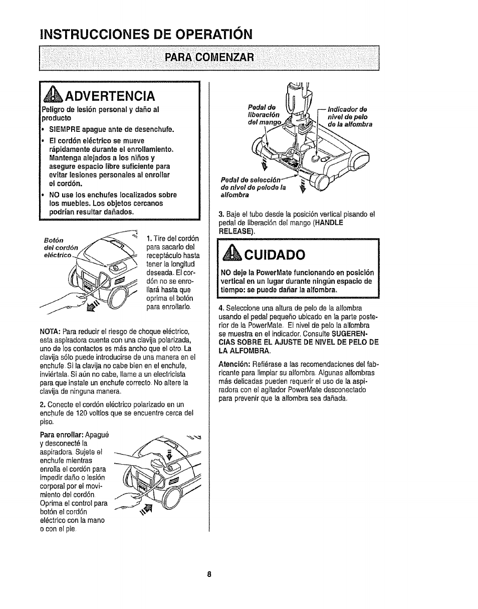 Instrucciones de operation, Cuidado, Advertencia | Kenmore 116.28014 User Manual | Page 32 / 48