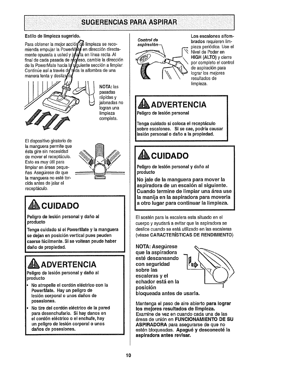 Sugerencias para aspirar, Cuidado, Advertencia | Qy g |^1*g qi | Kenmore 116.28014 User Manual | Page 34 / 48