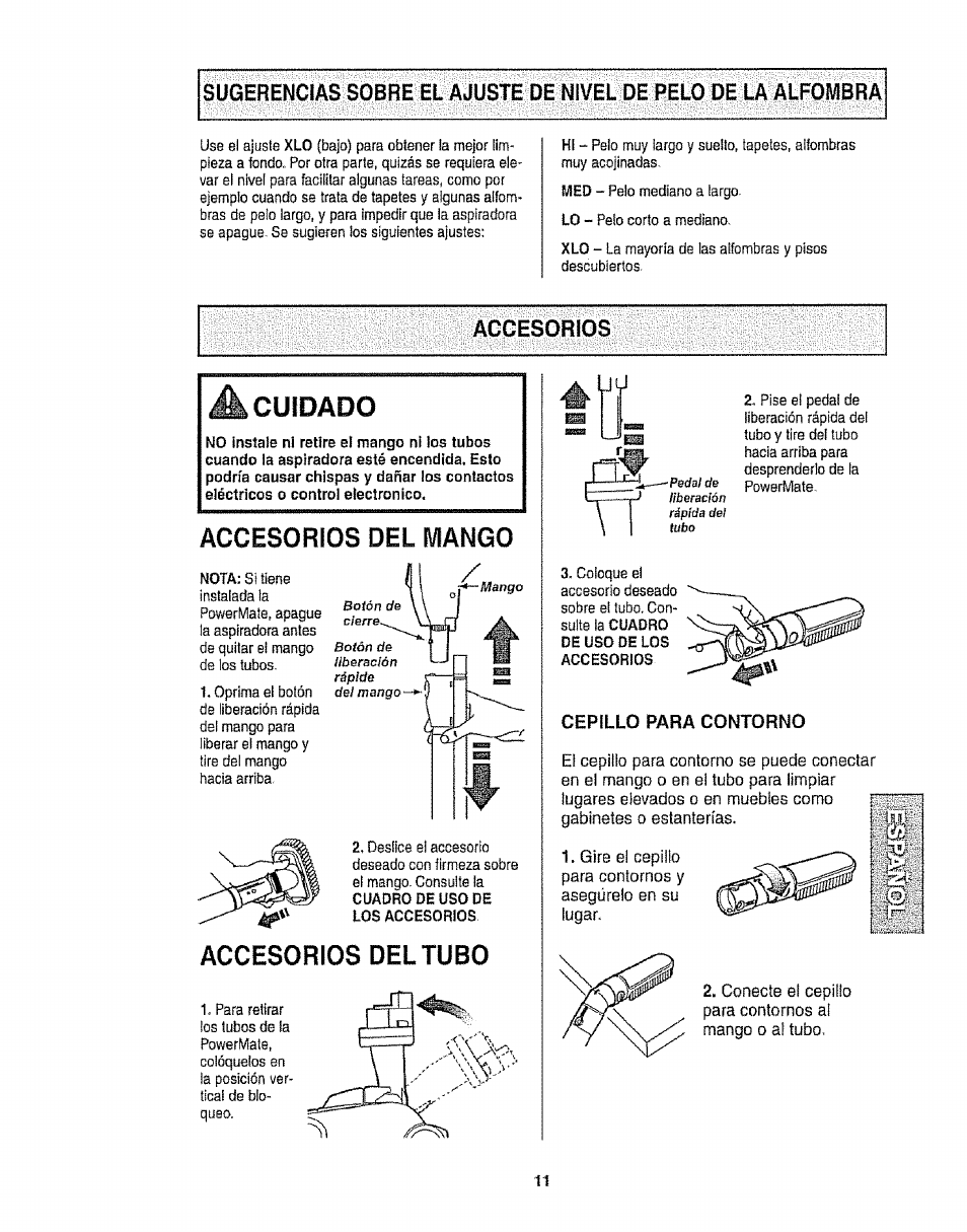 Accesorios, A cuidado, Accesorios del mango | Accesorios del tubo, Cepillo para contormo, Cuidado | Kenmore 116.28014 User Manual | Page 35 / 48