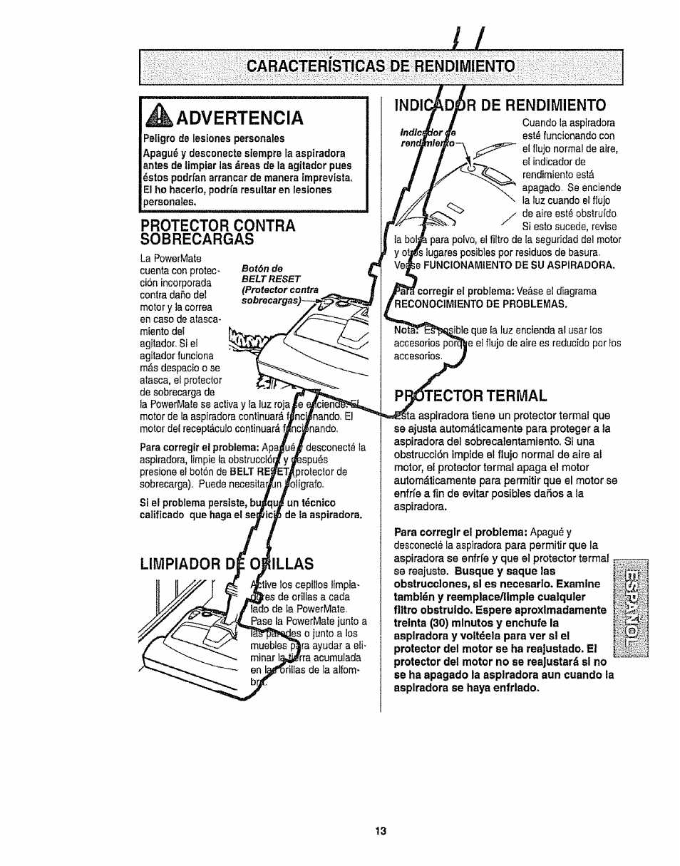 Caracteristicas de rendiiwiento, Protector contra sobrecarqas, Limpiador dé orillas | Advertencia | Kenmore 116.28014 User Manual | Page 37 / 48