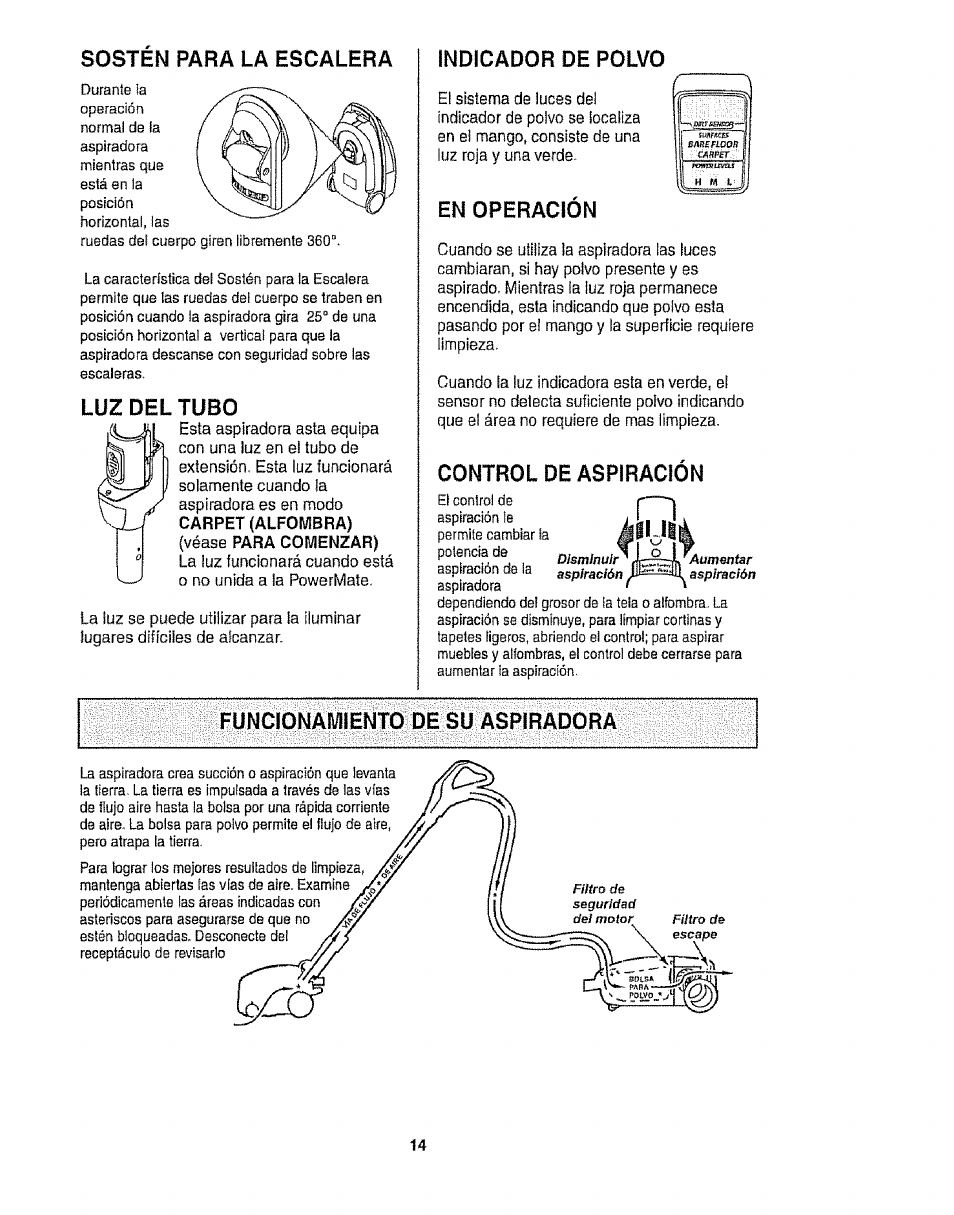 Sostén para la escalera, Luz del tubo, Indicador de polvo | En operación, Control de aspiracion, Füncloñali/iiento de su aspiradora | Kenmore 116.28014 User Manual | Page 38 / 48