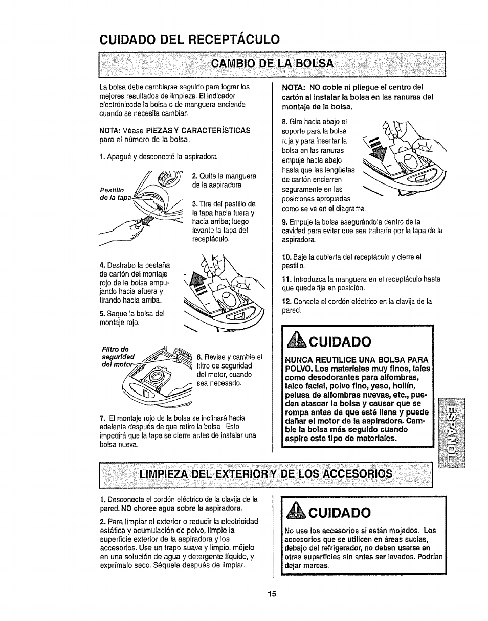 Cambio de la bolsa, Limpieza del exterior y de los accesorios, Cuidado del receptáculo cambio de la bolsa | Cuidado, A cuidado | Kenmore 116.28014 User Manual | Page 39 / 48