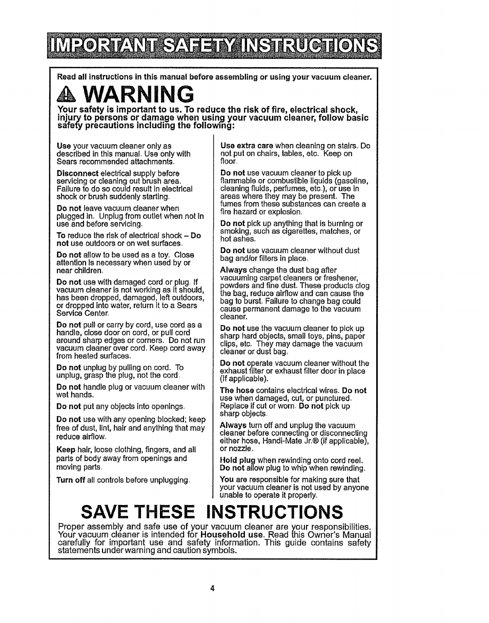 A warning, Save these instructions, Warning | Kenmore 116.28014 User Manual | Page 4 / 48