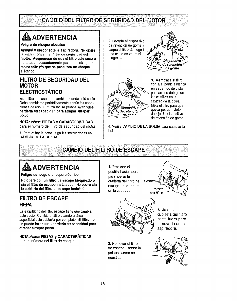 Cambio del filtro de seguridad del motor, Cambio del filtro de escape, Advertencia | Kenmore 116.28014 User Manual | Page 40 / 48