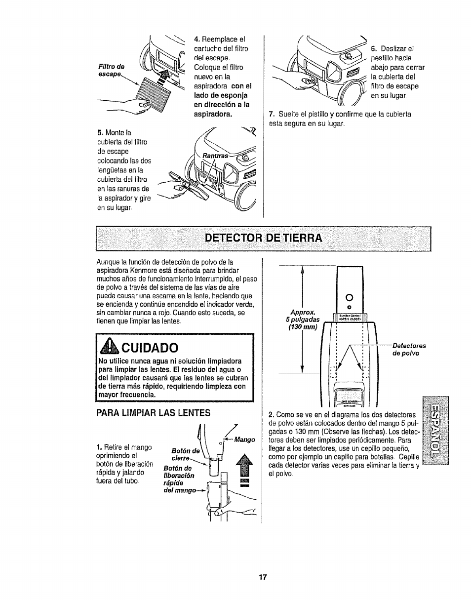 Detector de tierra, Para limpíar las lentes, Cuidado | Kenmore 116.28014 User Manual | Page 41 / 48