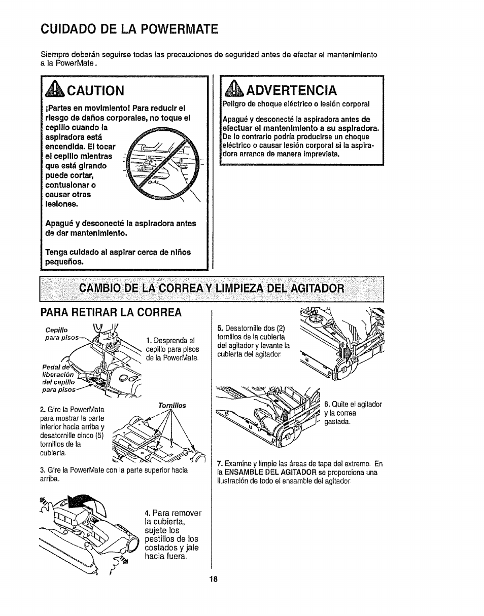 A caution, A advertencia, Cambio de la correa y limpieza del agitador | Para retirar la correa, Cuidado de la powermate, Advertencia | Kenmore 116.28014 User Manual | Page 42 / 48