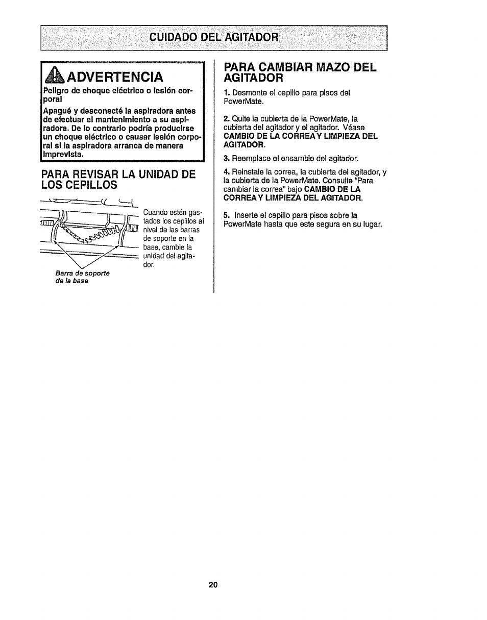 A advertencia, Para revisar la unidad de |p»c^^5 i iw, Para cambiar mazo del agitador | Cuidado del agitador | Kenmore 116.28014 User Manual | Page 44 / 48