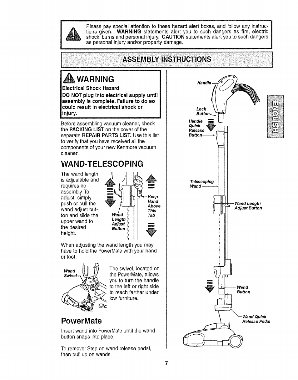 Assembly tnstructions, Wand-telescoping, Powerwiate | Assembly instructions -8, A warning | Kenmore 116.28014 User Manual | Page 7 / 48