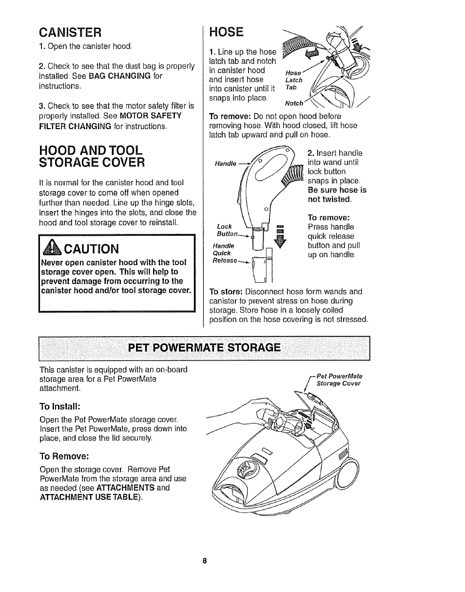 Canister, Hood and tool storage cover, Hose | Pet powermate storage, Pet powermate® storage, Caution | Kenmore 116.28014 User Manual | Page 8 / 48