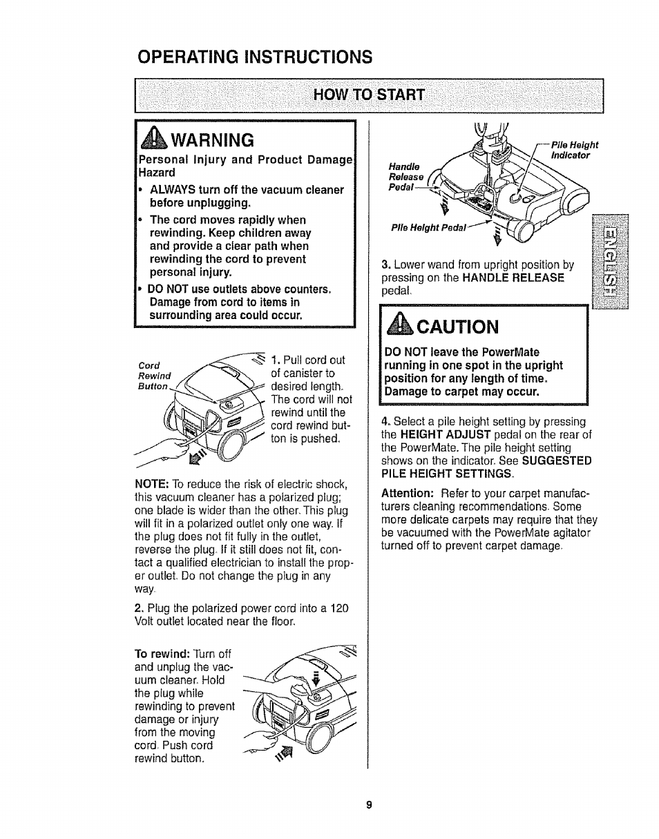 Operating instructions, How to start, Warning | How to start -10, Caution | Kenmore 116.28014 User Manual | Page 9 / 48