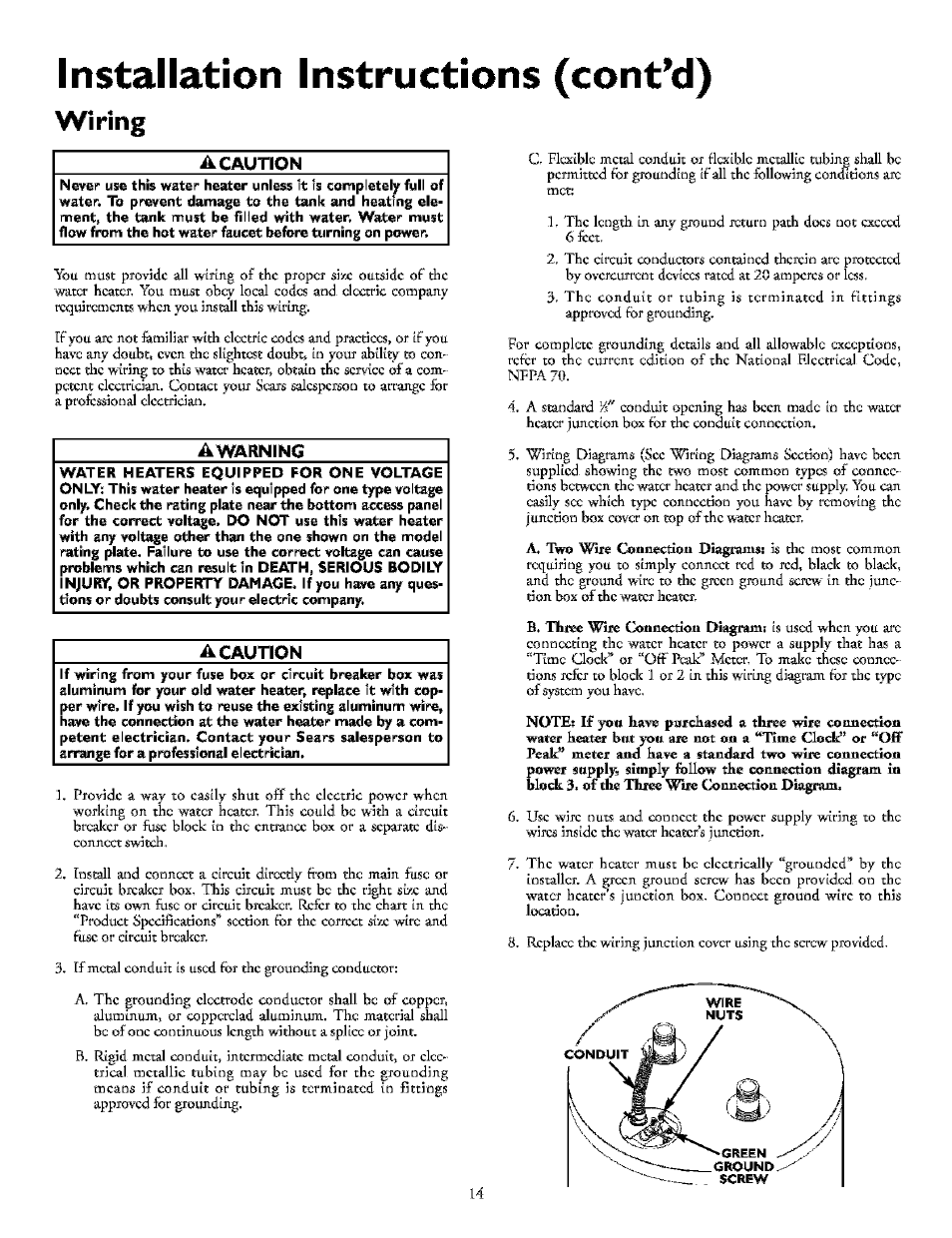 Installation instructions (cont’d), Wiring | Kenmore POWER MISER 153.32154 User Manual | Page 14 / 32