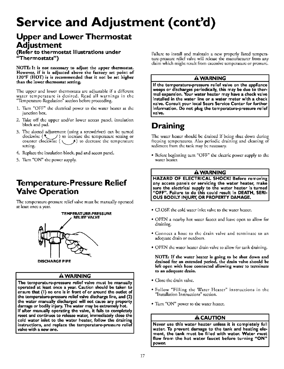 Upper and lower thermostat adjustment, Draining, Temperature-pressure relief valve operation | Service and adjustment (cont’d) | Kenmore POWER MISER 153.32154 User Manual | Page 17 / 32