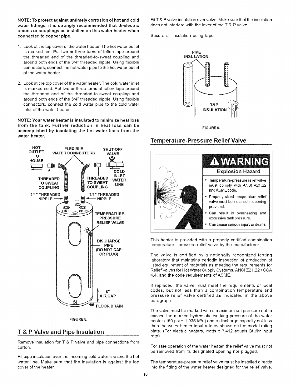 T & p valve and pipe insulation, Temperature-pressure relief valve, Explosion hazard | Temperature-pressure relief valve ,11, Warning | Kenmore I 53.329462 40 GALLON User Manual | Page 10 / 32