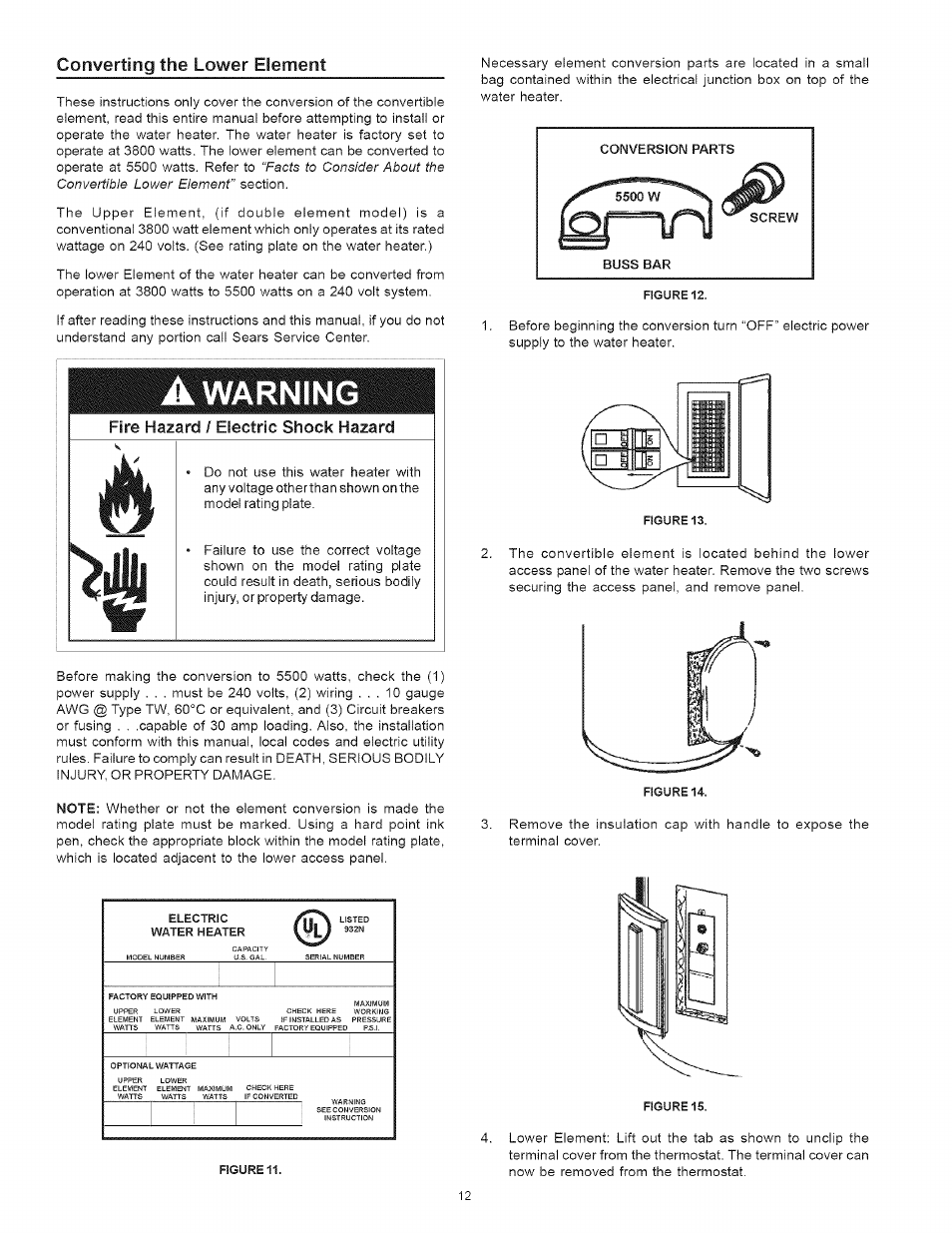 Warning, Converting the lower element, Fire hazard / electric shock hazard | Kenmore I 53.329462 40 GALLON User Manual | Page 12 / 32