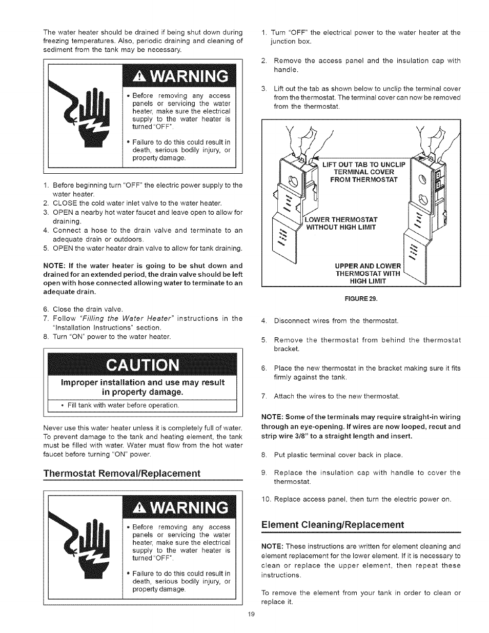 A warning, Caution, Thermostat removal/replacement | Element cleaning/replacement, Element cleaning/replacement -22 | Kenmore I 53.329462 40 GALLON User Manual | Page 19 / 32