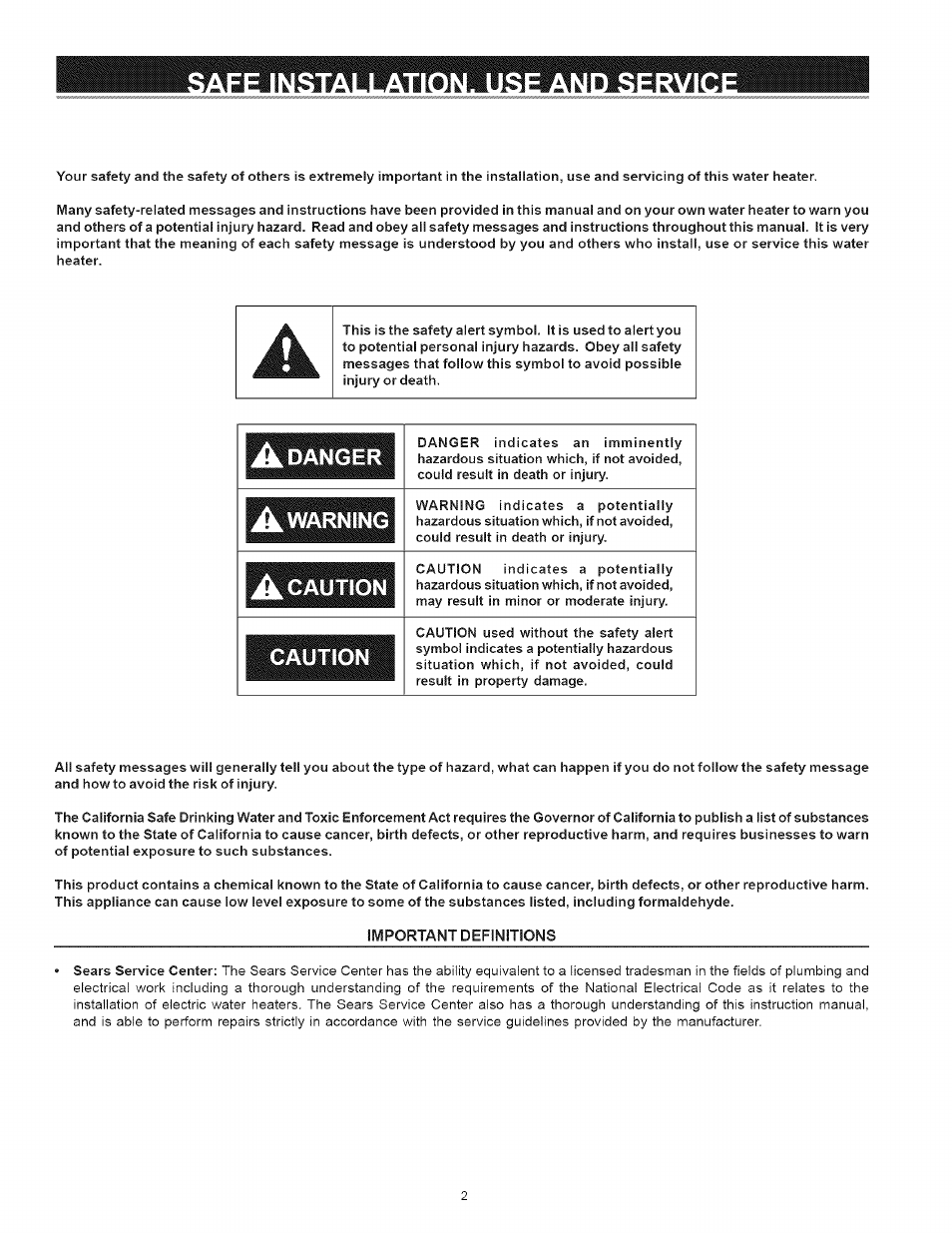 A danger, A warning, A caution | Caution, Important definitions, Danger, Warning | Kenmore I 53.329462 40 GALLON User Manual | Page 2 / 32