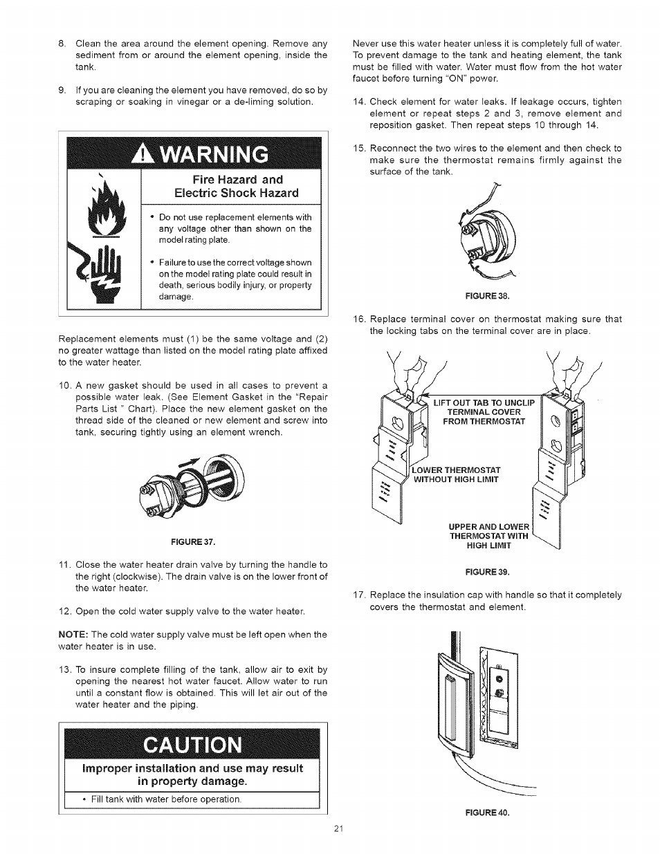 Fire hazard and electric shock hazard, Caution, Warning | Kenmore I 53.329462 40 GALLON User Manual | Page 21 / 32