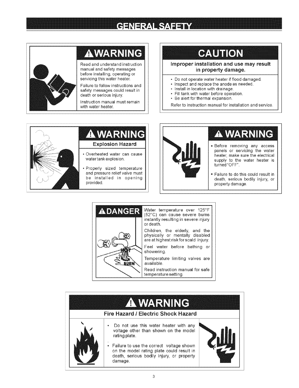 Awarning, Caution, Adanger | Fire hazard / electric shock hazard, J!!l, R i awarning | Kenmore I 53.329462 40 GALLON User Manual | Page 3 / 32