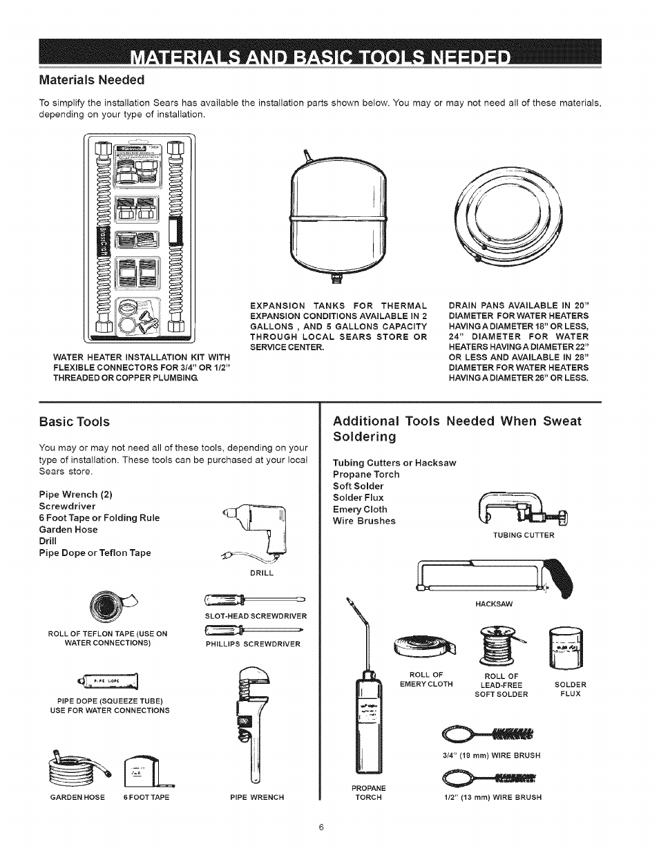 Basic tools, Additional tools needed when sweat soldering, Materials needed | Kenmore I 53.329462 40 GALLON User Manual | Page 6 / 32