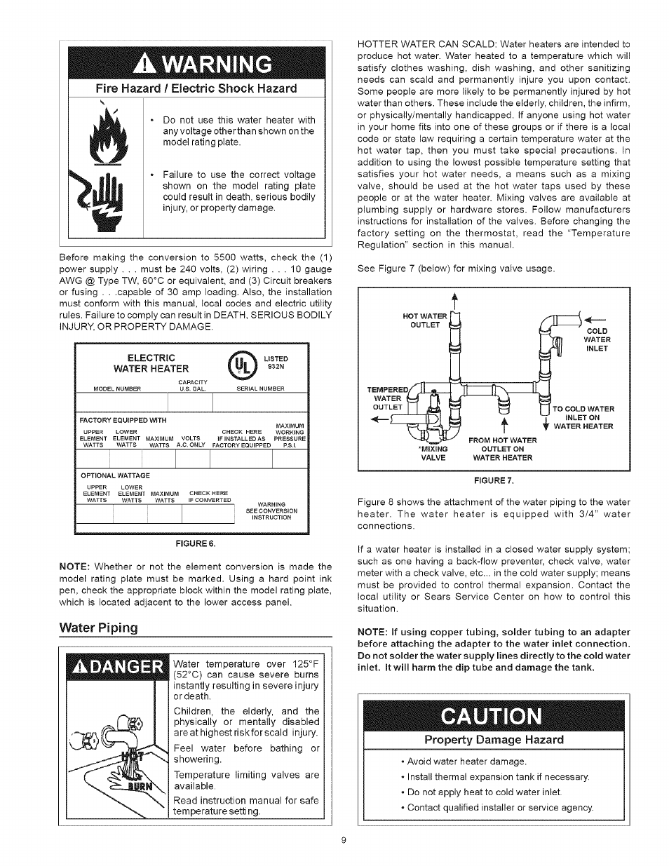 Water piping, Adanger, Water piping ,10 | Filili b, A warning, Fire hazard, Electric shock hazard | Kenmore I 53.329462 40 GALLON User Manual | Page 9 / 32