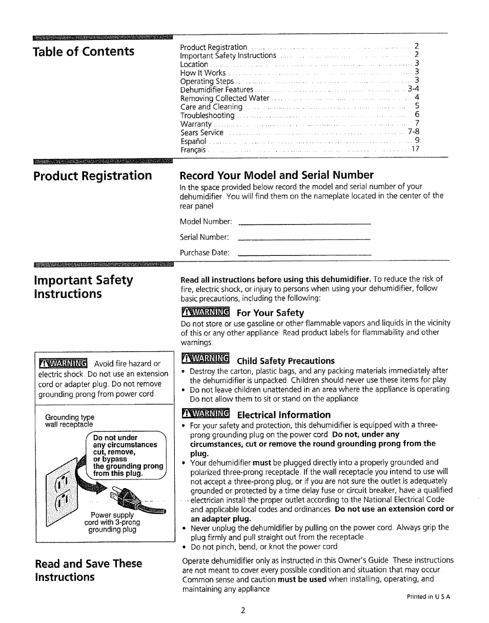 Gmlii for your safety, Child safety precautions, Electrical information | Table of contents product registration, Important safety instructions, Record your model and serial number, Read and save these instructions | Kenmore 5751 User Manual | Page 2 / 9