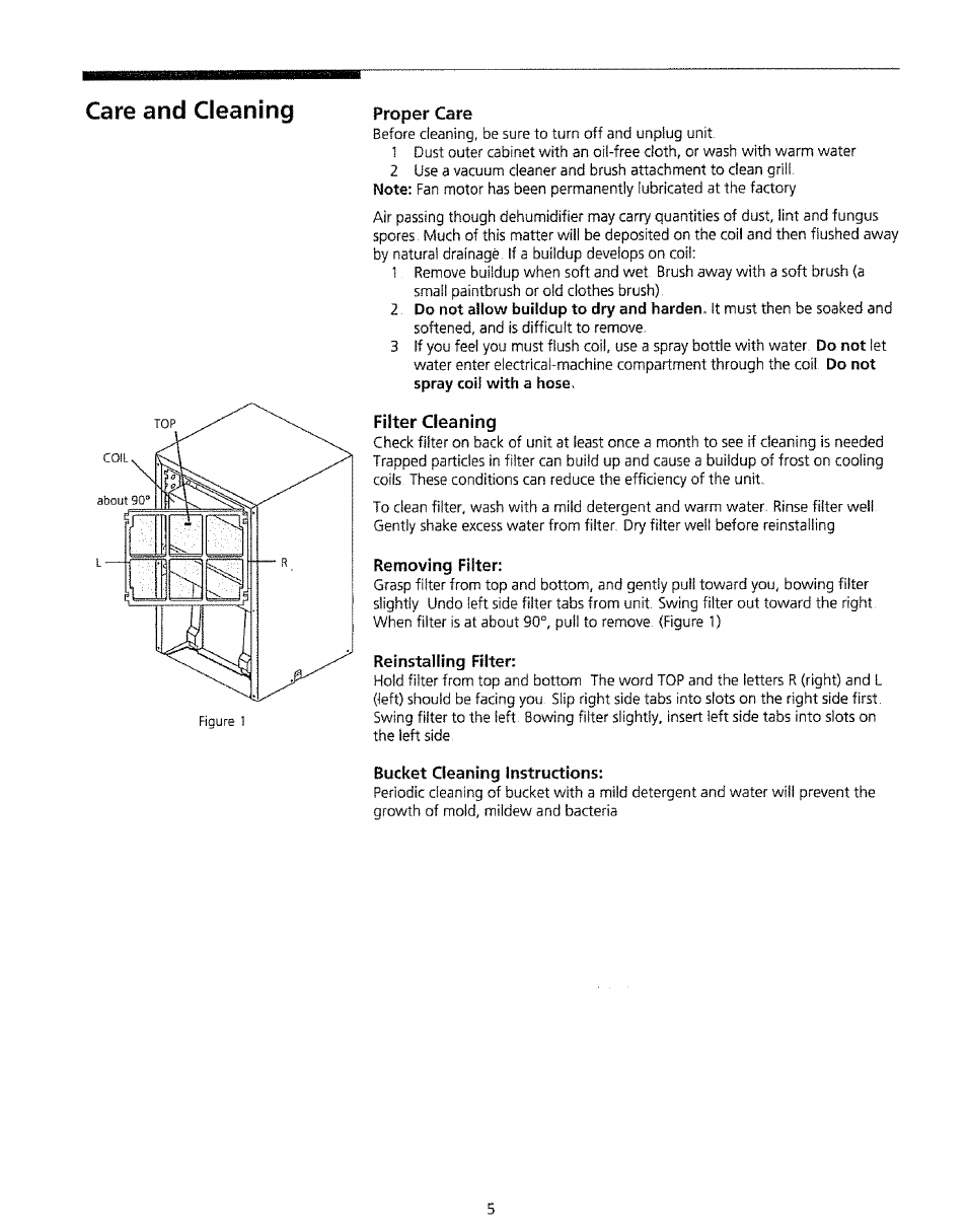 Proper care, Filter cleaning, Removing filter | Reinstalling filter, Bucket cleaning instructions, Care and cleaning | Kenmore 5751 User Manual | Page 5 / 9