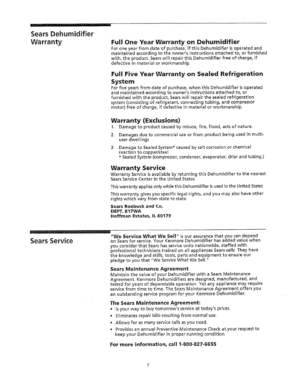 For more information, call 1-800-827-6655, Sears dehumidifier warranty, S©9rs s©rvic | Fuïï one year warranty on de humidifier, Warranty (exciusions), Warranty service | Kenmore 5751 User Manual | Page 7 / 9