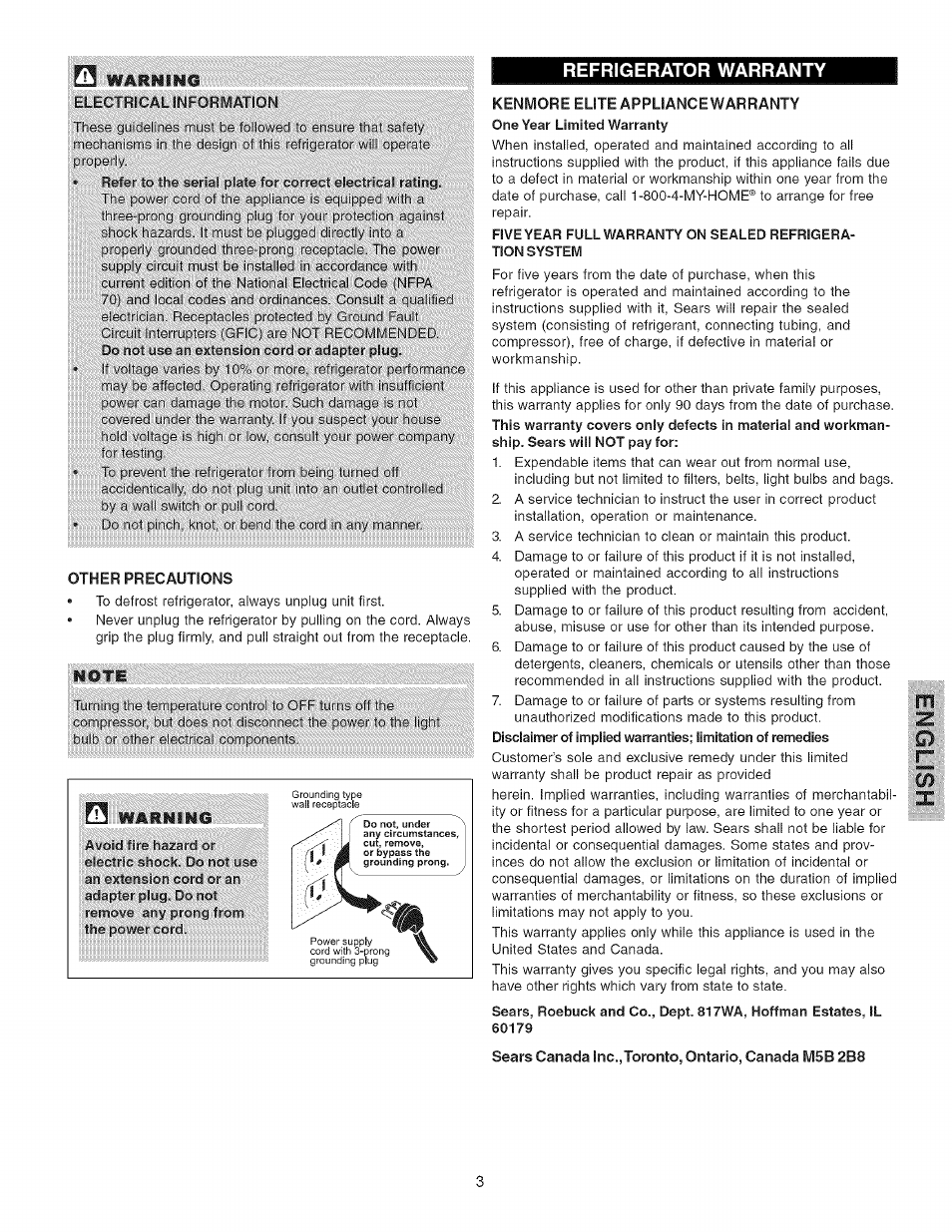 Refrigerator warranty, Sears canada inc.,toronto, ontario, canada msb 2b8, Refrigeratorwarranty | Waumm, M:- m, E kècf riçâl m forfyi atlón | Kenmore 25344723104 User Manual | Page 3 / 10