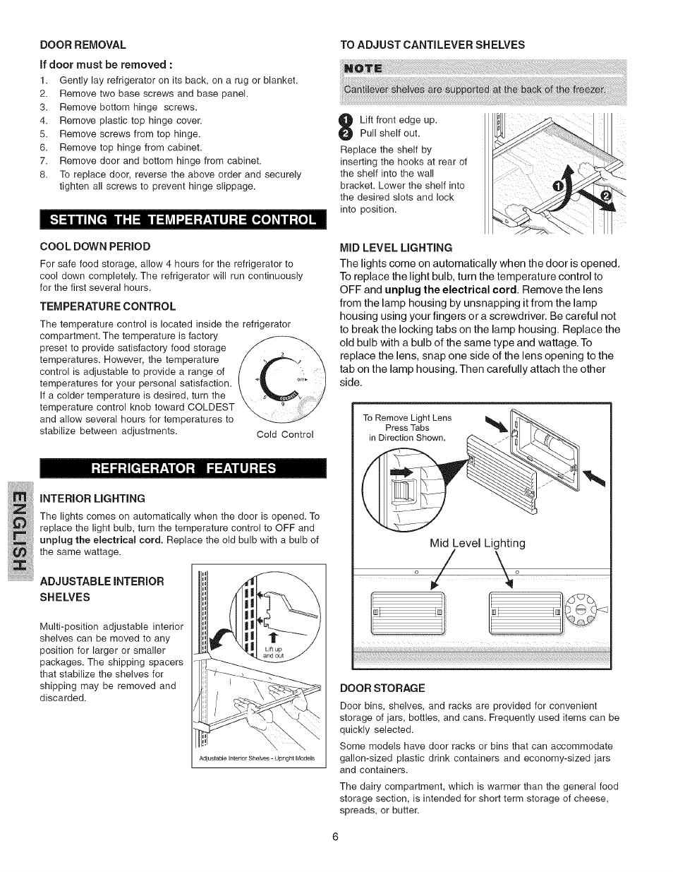 It door must be removed, Setting the temperature control, Refrigerator features | Adjustable interior shelves, To adjust cantilever shelves, Mid level lighting, Door storage | Kenmore 25344723104 User Manual | Page 6 / 10