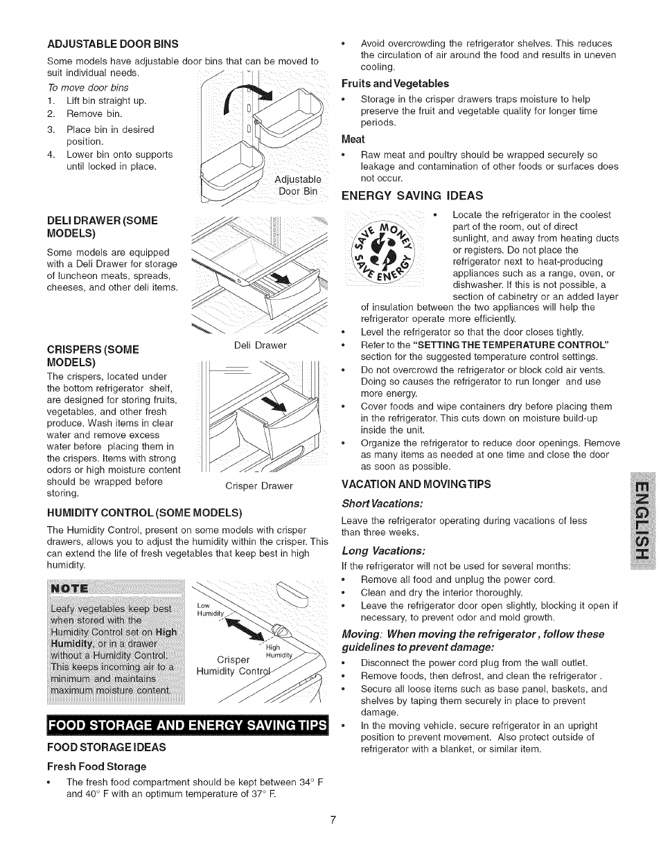 Food storage and energy saving tips, Meat, Food storage & energy saving tips | Short vacations, Long vacations | Kenmore 25344723104 User Manual | Page 7 / 10